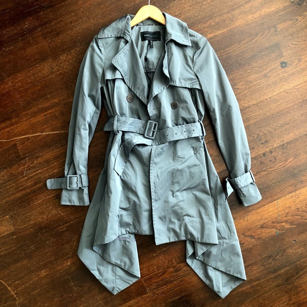 Gray BCBG Max Azria Ruffled Trench Coat